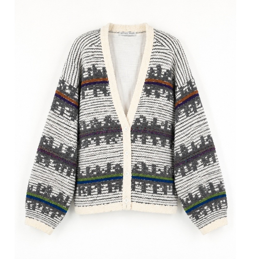Vintage Allen Wah Oversized Southwestern Geometric Blanket Knit Cardigan Gray L